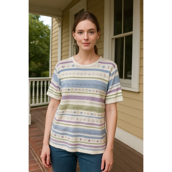 Alfred Dunner Sweaters - Alfred‎ Dunner Women's XL Pastel Stripe Knit Top Embellished Floral Beads Soft